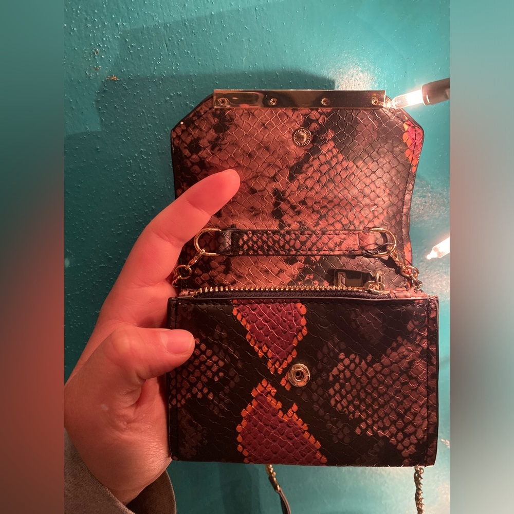 Faux snake skin leather, small purse, brown, light brown colors, minimalist.